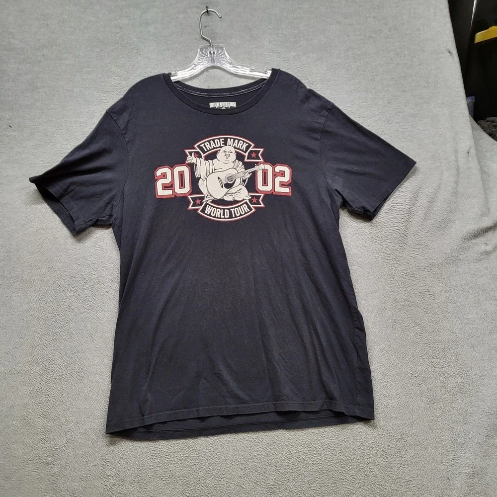 True Religion Men Shirt XL Black Graphic Print Buddha Guitar Banner SS
